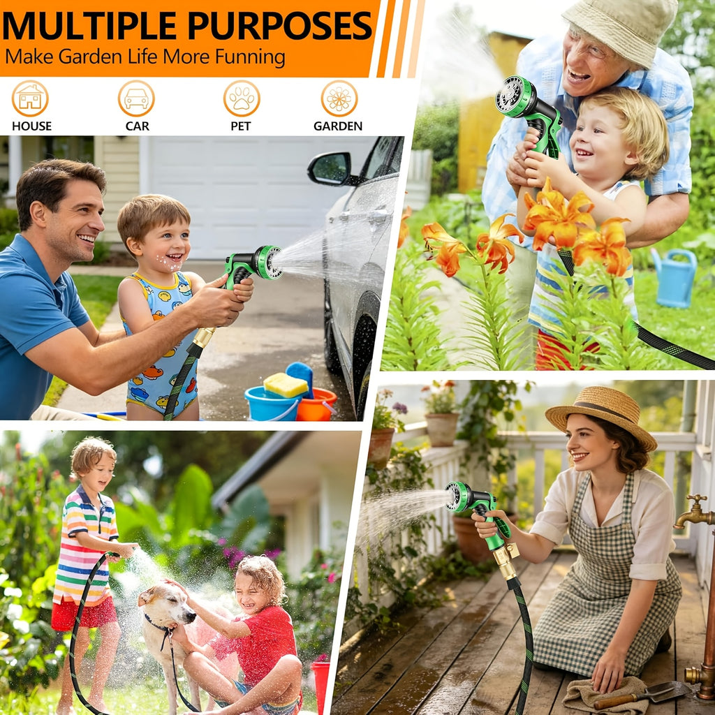 Garden Hose with 10-Function High Pressure Spray Nozzle - Lightweight Non-Expandable Water Hose for Lawn, Yard, Car Wash & Outdoor Cleaning, 10ft to 150ft with Kit Options