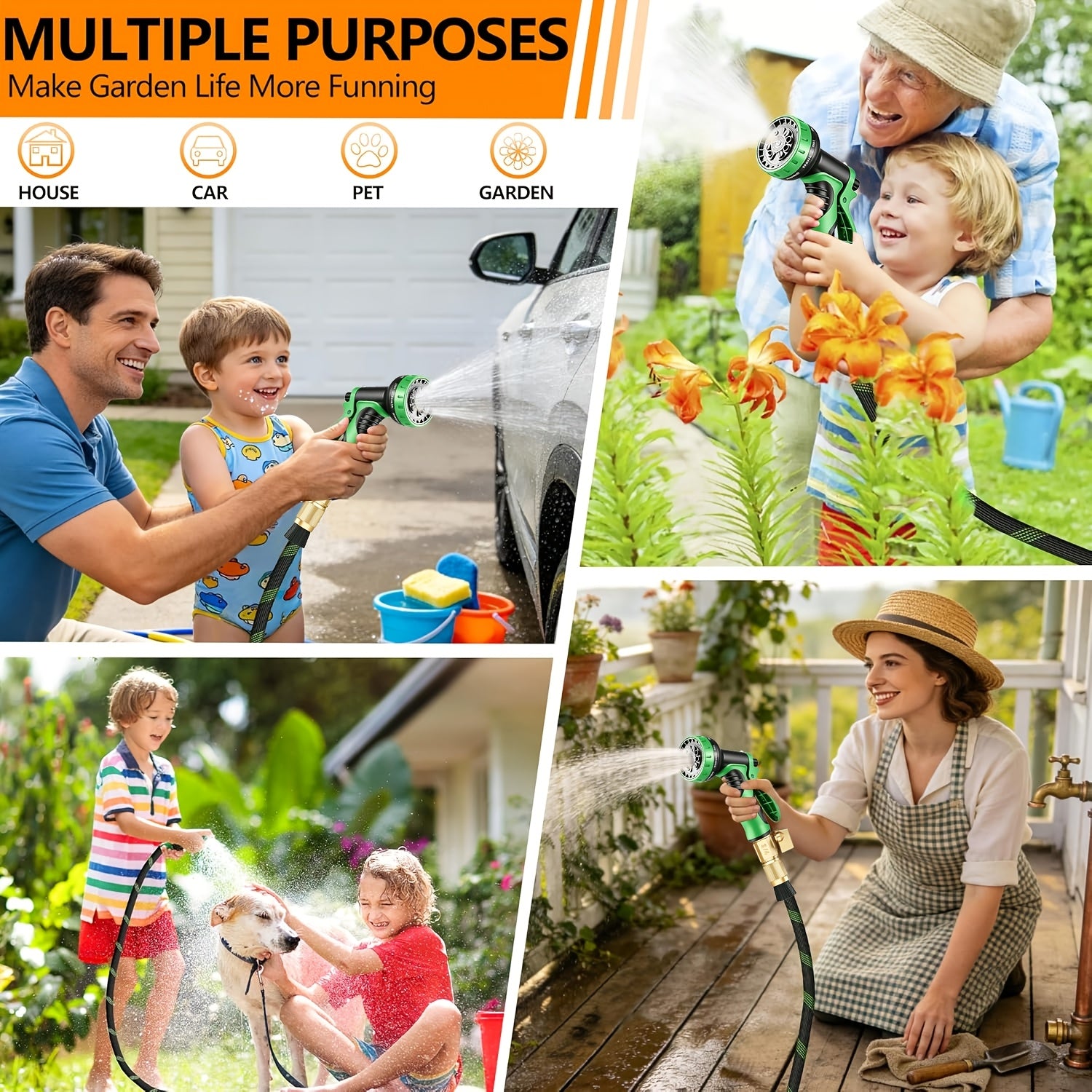 Garden Hose with 10-Function High Pressure Spray Nozzle - Lightweight Non-Expandable Water Hose for Lawn, Yard, Car Wash & Outdoor Cleaning, 10ft to 150ft with Kit Options