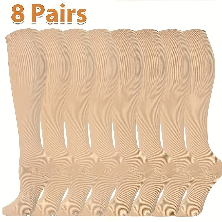Compression Socks 8-Pair Set Knee High – Breathable Graduated Support for Nurses, Running, Hiking, Travel & Pregnancy | Unisex Men & Women | Black & Beige | S–XXL