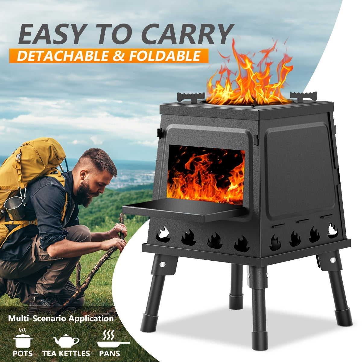 Portable Wood Burning Camp Stove 5LBS Stainless Steel Camping Stove for Outdoor Hiking Picnic BBQ Travel Emergency Cooking Firewood Charcoal No Batteries Required