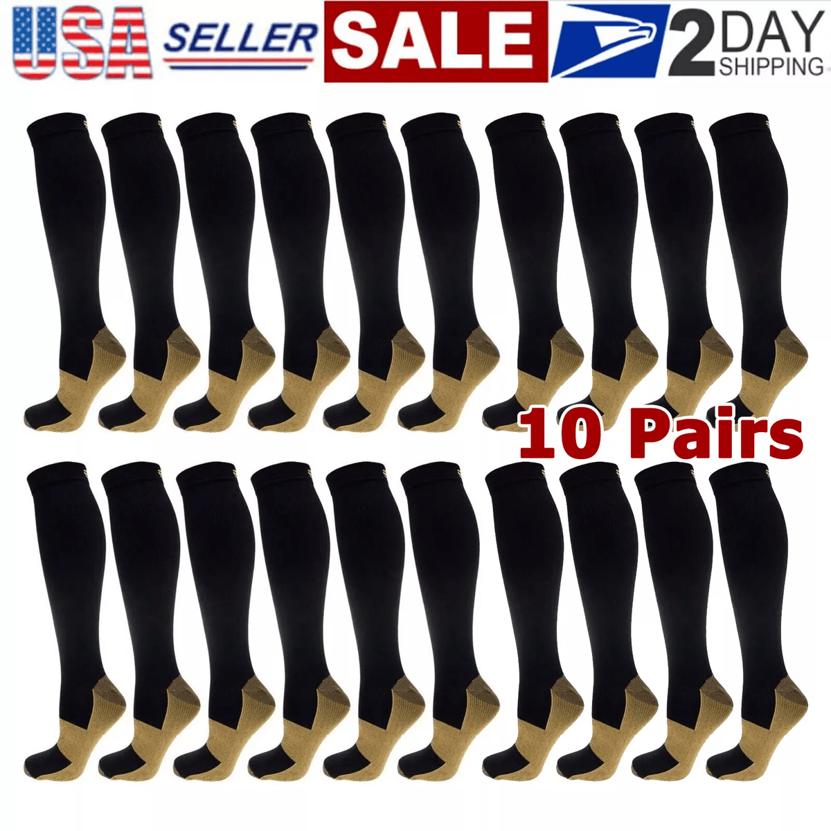 Copper Compression Socks 10 Pairs Unisex – Graduated Compression for Running Cycling Hiking Climbing Daily Wear Women Men S/M L/XL XXL Black