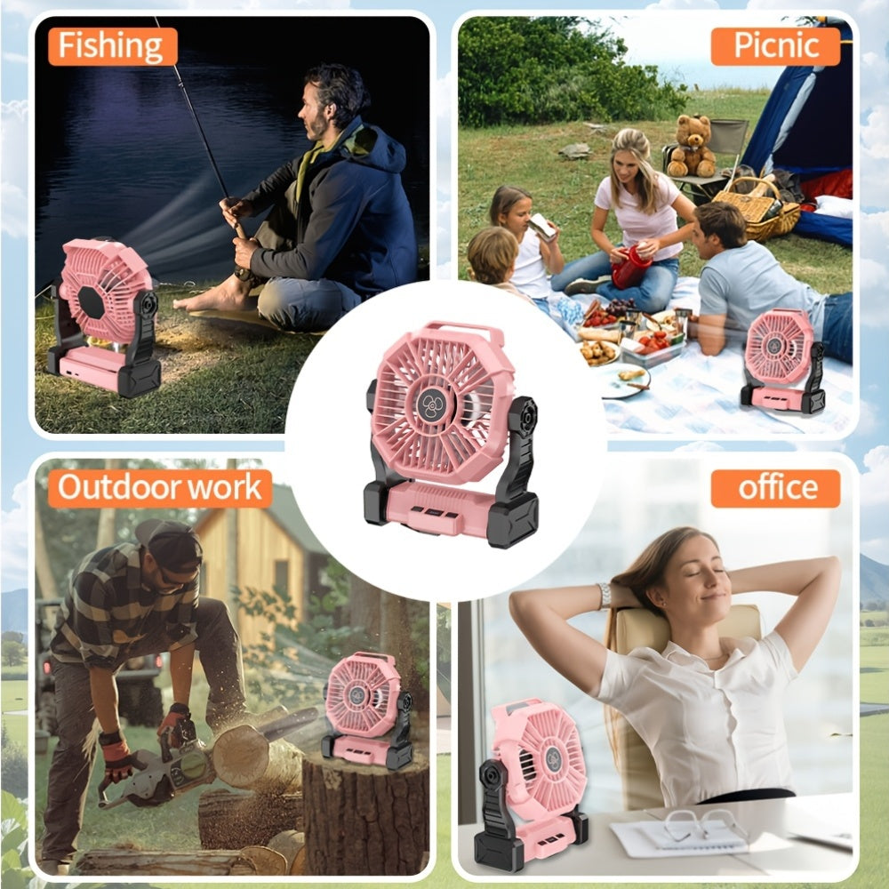 Portable Camping Fan 3-in-1 USB Rechargeable with LED Lantern 4 Wind Speeds Timer Rotating Function Battery Powered Tent Fan for Camping Hiking BBQ Travel Outdoor Adventures