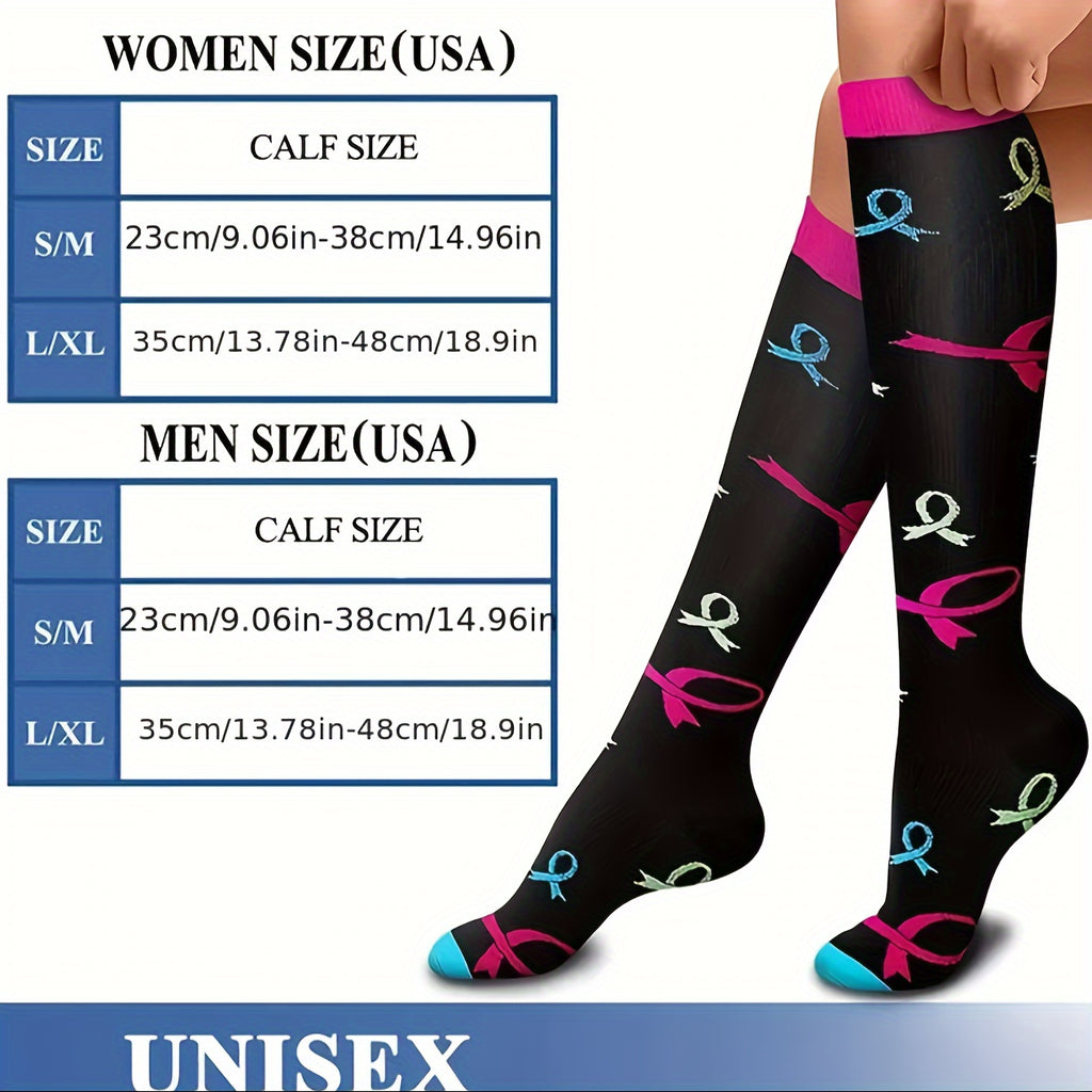 6 Pairs Knee High Compression Socks Unisex Over the Knee Athletic Stockings 65% Nylon Fun Cartoon Pattern for Running Gym Sports Women Men Sizes S/M L/XL