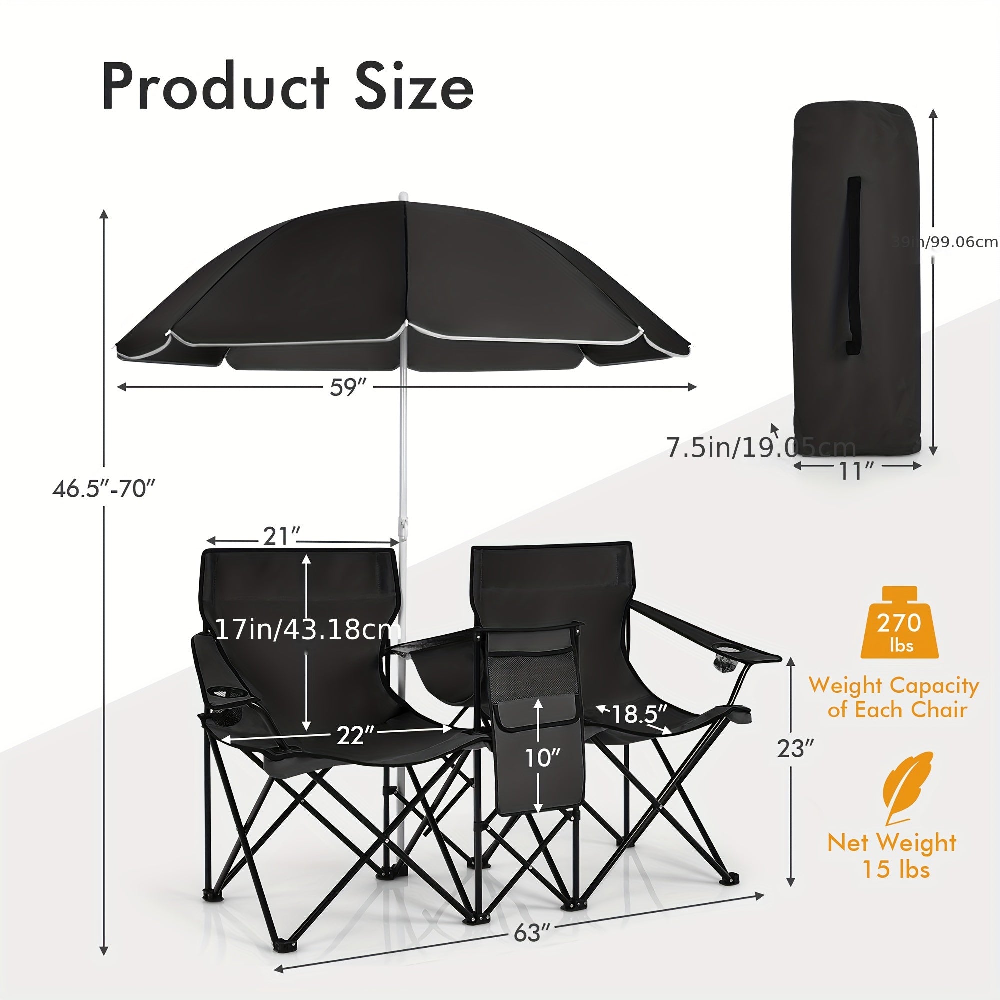 2-Person Folding Beach Chair Set with Umbrella, Table & Cooler Bag – 600 lb Capacity Portable Camping & Picnic Chair Set for Outdoor, Beach & Tailgate