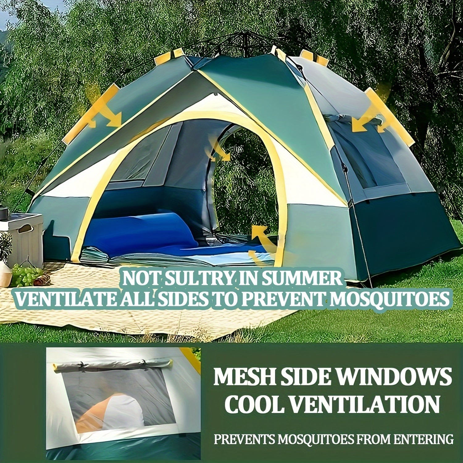 Pop Up Camping Tent 4 Person Automatic Instant Setup UV Protection Insect Net Sunshade Waterproof Family Tent for Beach Park Outdoor Camping Hiking Adventures