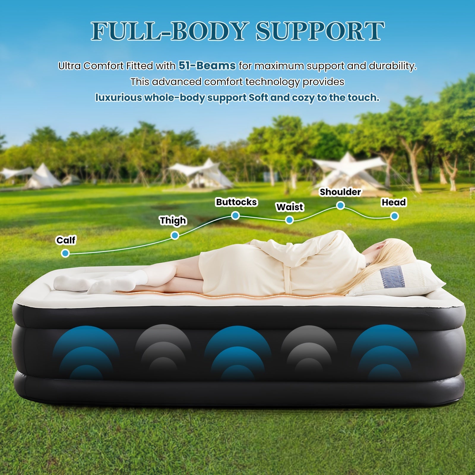 Camping Air Mattress with Pump – Honeycomb Anti-Deformation PVC Inflatable Sleeping Pad, Soft Flocking Top, 2-Person Camp Bed for Backpacking Hiking Outdoor Adventures, Multiple Sizes