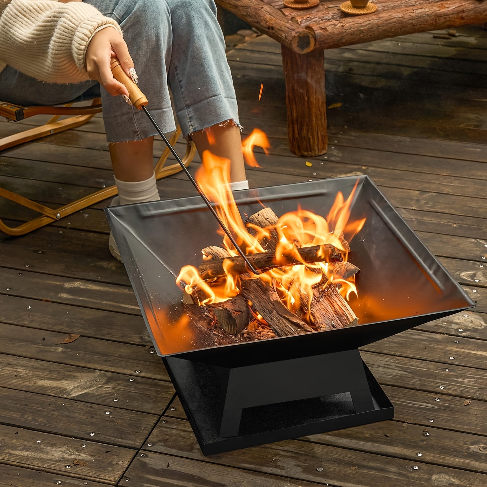 18.5 Inch Outdoor Fire Pit Heavy Duty Iron BBQ Grill with Combustion Grate, Ash Collector, Fireproof Cover & Charcoal Hook - Backyard Wood Burning Fire Bowl for Camping, Picnics, Patio, Thanksgiving