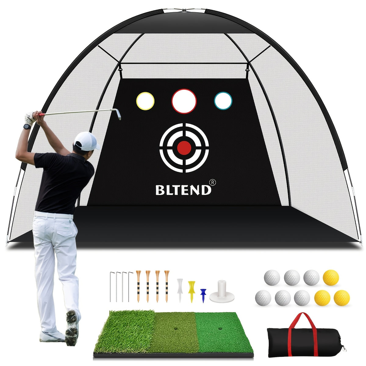 Golf Practice Net with Mat Set 10x7ft – Heavy Duty Backyard Hitting Net with 3-in-1 Turf Mat, Golf Balls & Carry Bag for Indoor & Outdoor Training