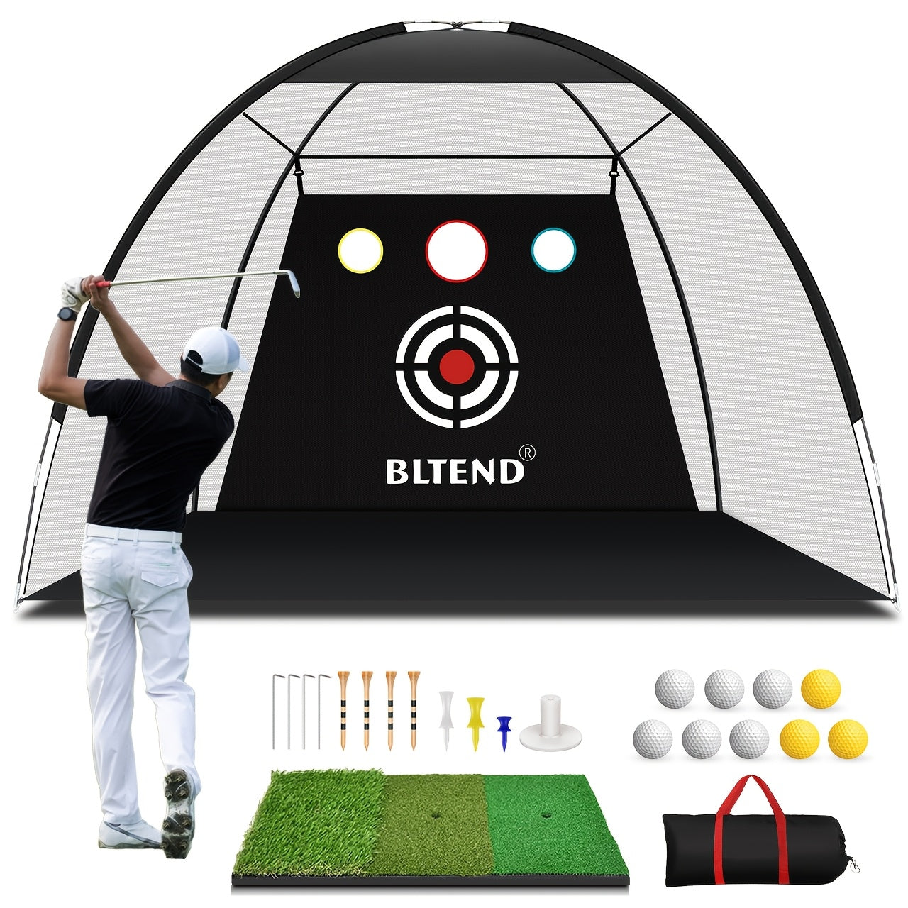 Golf Practice Net with Mat Set 10x7ft – Heavy Duty Backyard Hitting Net with 3-in-1 Turf Mat, Golf Balls & Carry Bag for Indoor & Outdoor Training