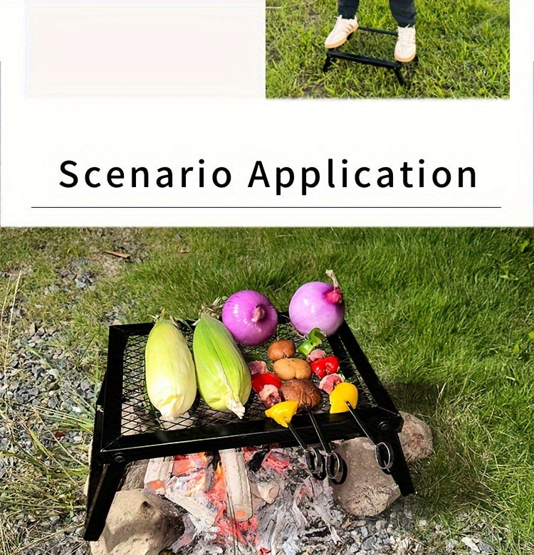 Heavy Duty Bonfire Campfire Grill for Outdoor Camping - Portable BBQ Grill with Firewood Rack, Storage Bag, Food Clips & Cleaning Cloth, RV Picnic Backyard Grill, Gift for Men