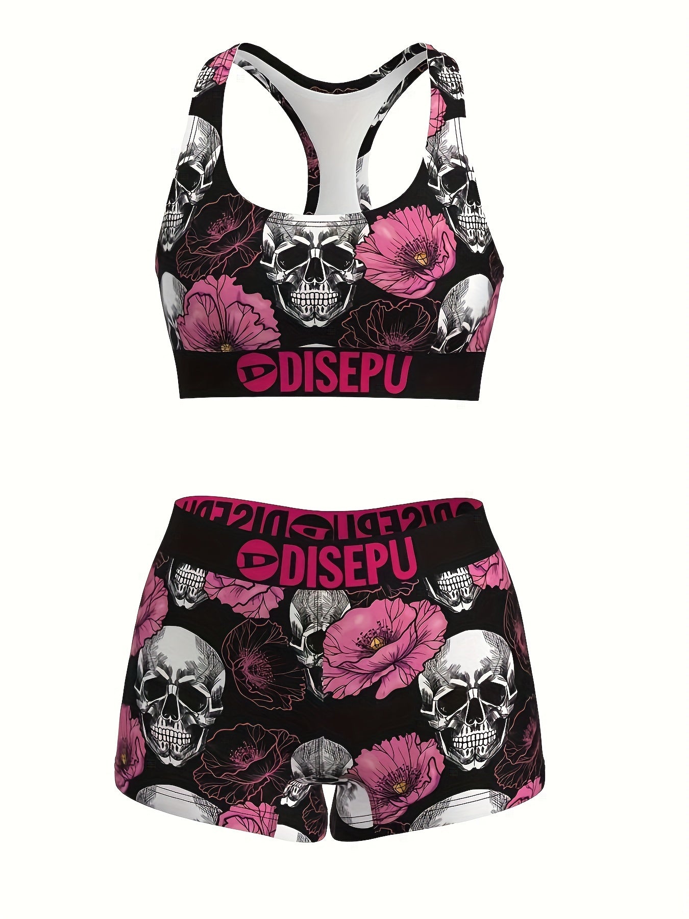 Women's Skull & Pink Flower Print Sports Bra and Shorts Set – 2-Piece Gothic Floral Activewear for Gym Yoga Running Halloween Workout High Stretch Breathable S M L XL XXL