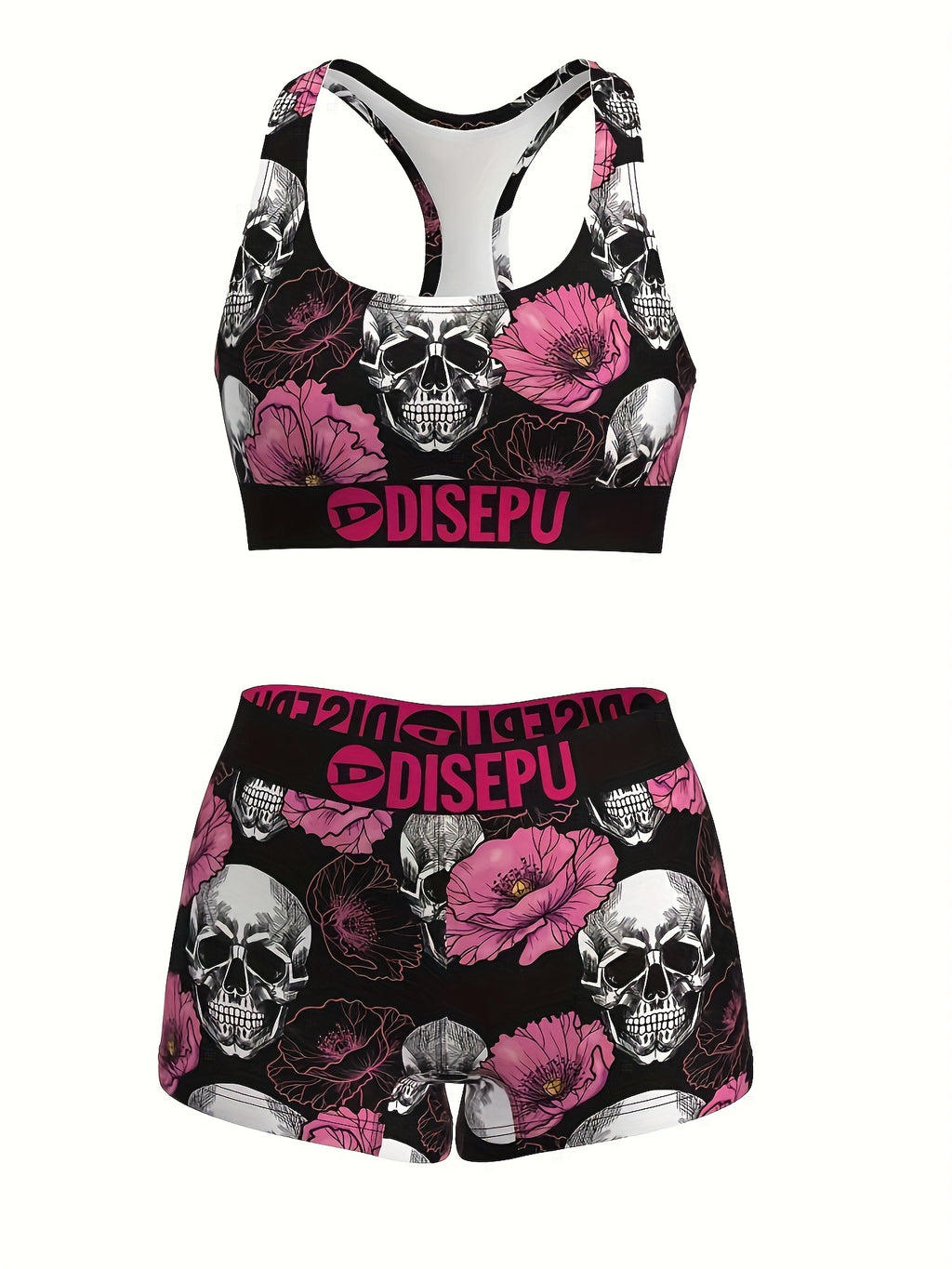 Women's Skull & Pink Flower Print Sports Bra and Shorts Set – 2-Piece Gothic Floral Activewear for Gym Yoga Running Halloween Workout High Stretch Breathable S M L XL XXL