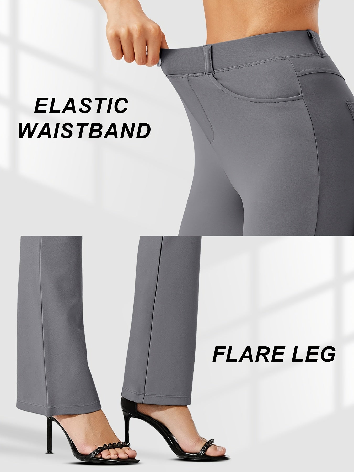Women's Flare Leg Yoga Pants with 4 Pockets – High Waist Tummy Control Stretch Work Dress Slacks, Soft Nylon Spandex Fabric for Yoga Office Casual Daily Wear, S-XXL