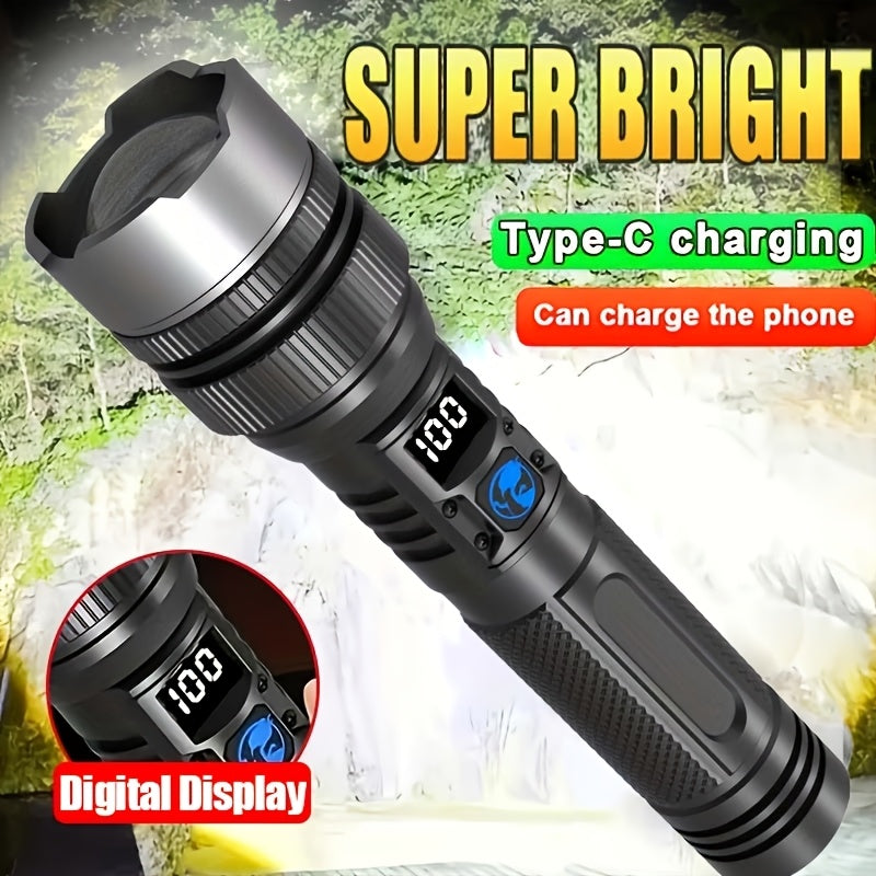 Rechargeable Tactical Flashlight High Lumens – Zoomable LED, LCD Display, USB Rechargeable, Waterproof, for Camping, Hiking, Fishing & Emergencies (1pc / 2pcs)