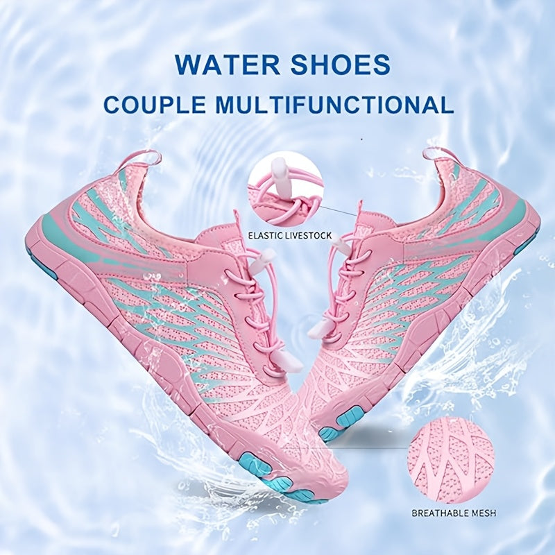 Women's Water Shoes Quick-Dry Aqua Sneakers – Lightweight Breathable Mesh Lace-Up Beach Wading Shoes, Rubber Sole, Striped, Black White Pink, US 6-11