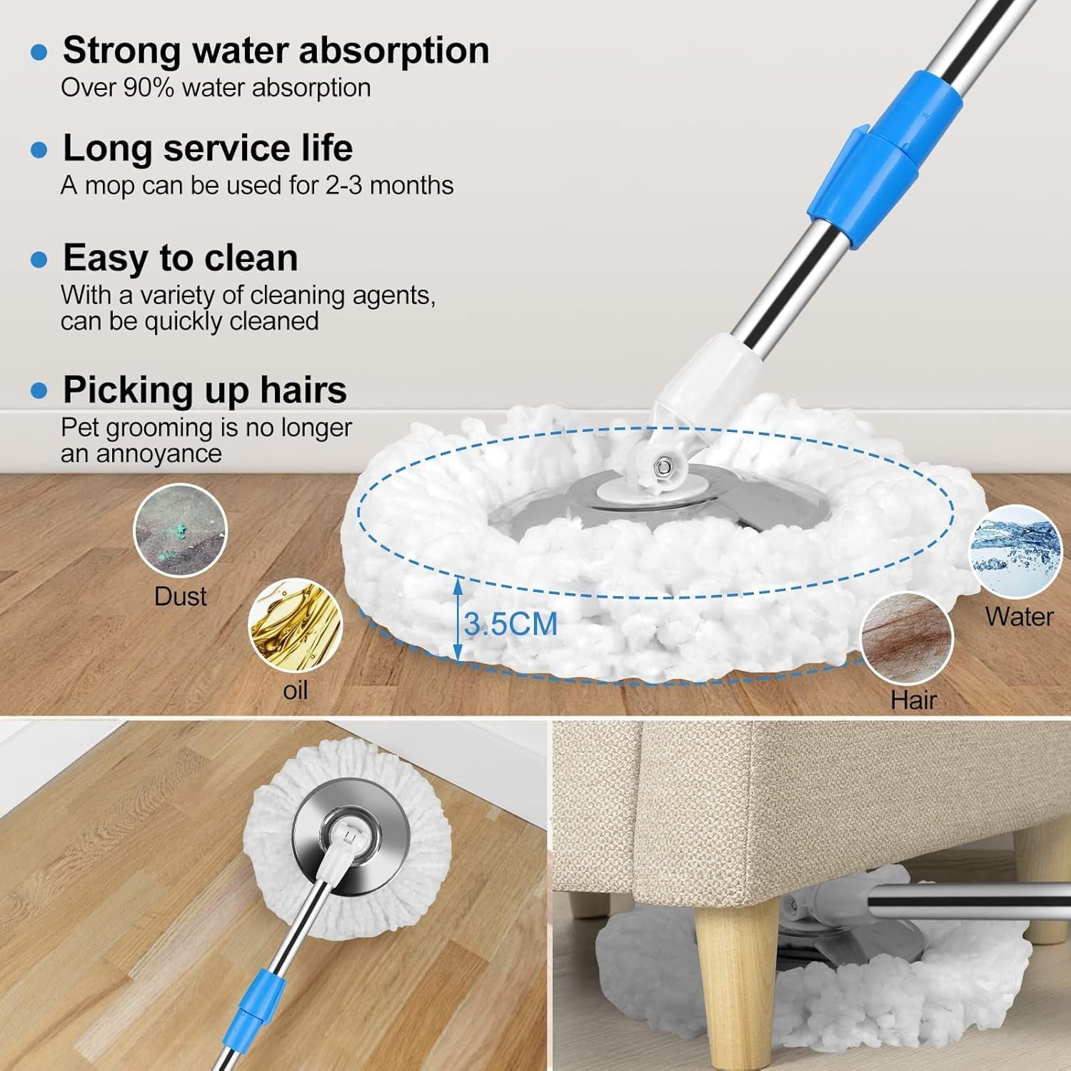 360° Spin Mop and Bucket Set with Wringer - Stainless Steel Handle, Microfiber Refills, Spinning Floor Cleaning System for Hardwood, Tile & Laminate