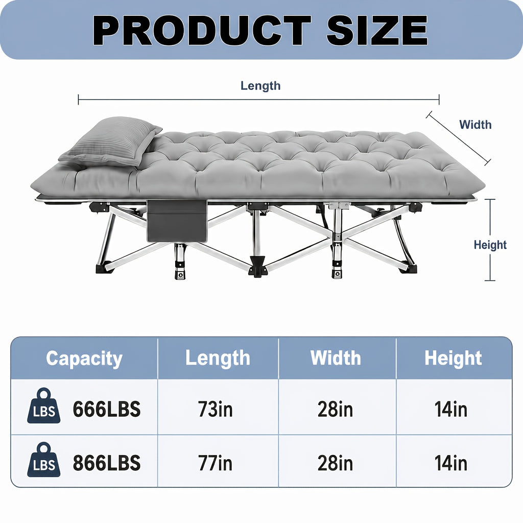 Portable Folding Camping Bed with Side Pockets - 60/75 Inch Heavy-Duty Cot 666/866 lb Capacity - Easy-Store Guest Bed for Camping Patio Office Guest Room - Folding Cot with Optional Mattress