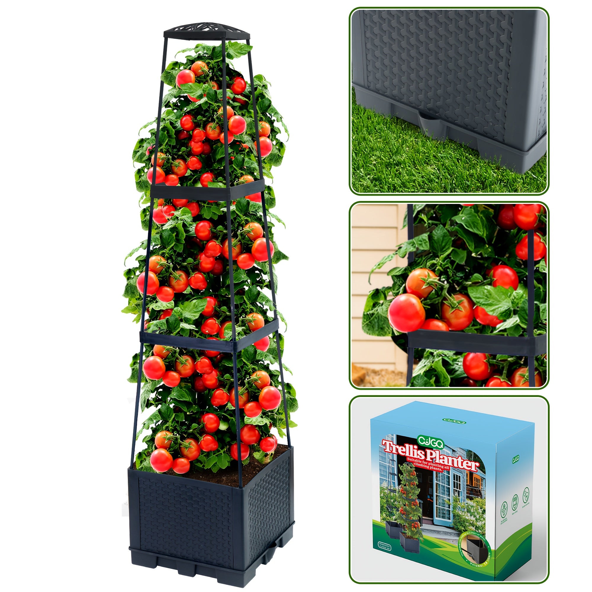 Garden Planting Box with Self-Watering Tomato Cage Lightweight Plastic Stripe Pattern – Indoor Outdoor Climbing Plant Planter 44.8 & 57 Inch 1 or 2 Pack