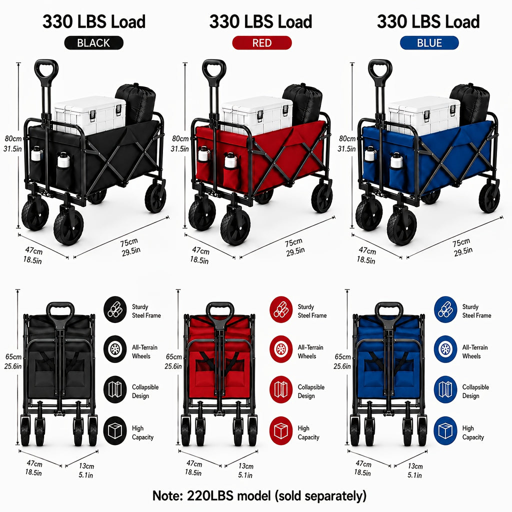 Heavy-Duty All-Terrain Folding Wagon Cart - 220/330/450LBS Capacity, Iron Frame & 800D Oxford Fabric, No Assembly Required for Camping, Beach, Garden & Sports (3 Colors)