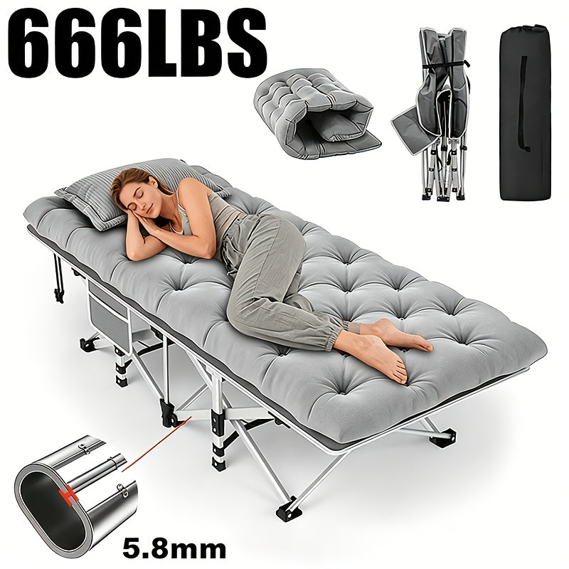 Portable Folding Camping Bed with Side Pockets - 60/75 Inch Heavy-Duty Cot 666/866 lb Capacity - Easy-Store Guest Bed for Camping Patio Office Guest Room - Folding Cot with Optional Mattress