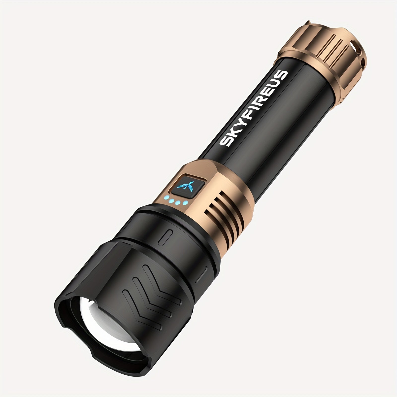 LED Tactical Flashlight High Lumen Rechargeable Zoomable 4 Modes – Super Bright Camping Cycling & Emergency Light with Zoom Lens Black Copper Black Gold