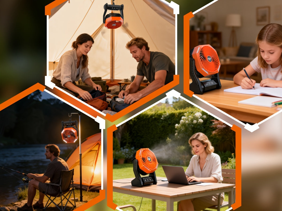 20000mAh Camping Fan with LED Light & Brushless Motor – Portable Outdoor Fan for Camping Hiking Picnic Emergency Use, 4 Speeds, 180° Oscillation, 22-26H Battery Life