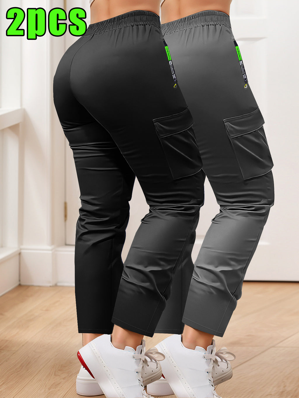 Women's Slim Cargo Pants 2-Pack Multi-Pocket Drawstring Waist Zip Pocket Straight Leg – Casual Trousers for Outdoor Sports Everyday Wear & Dates