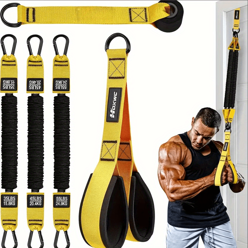 Resistance Bands Set 5-Piece 225lbs Heavy Duty Latex with Door Anchor Handle – Lat Pulldown Face Pull Bicep Curl Tricep Pushdown Shoulder Press Seated Row Home Gym Cable Machine Alternative for Men Women Black Blue Yellow
