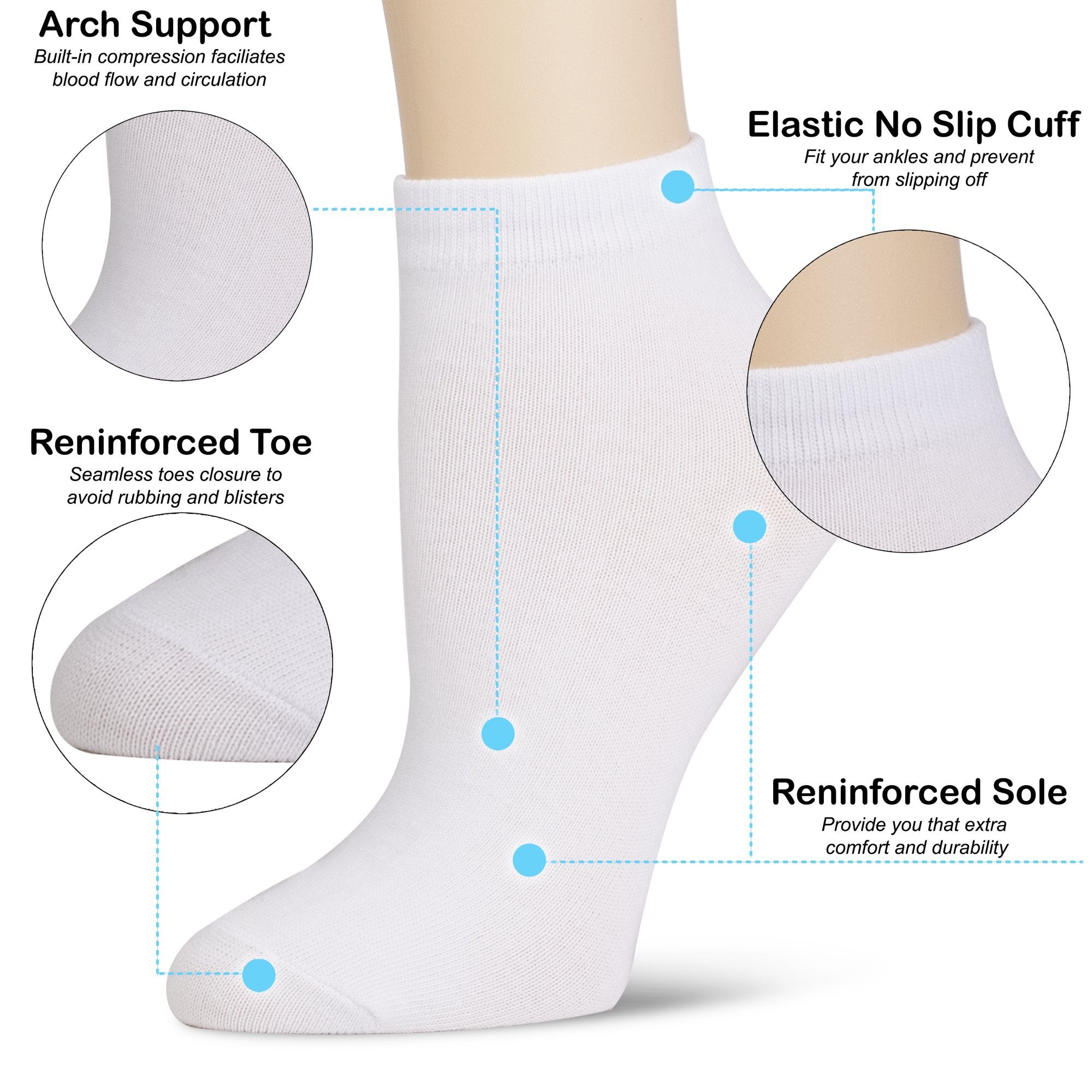 Athletic Cotton Ankle Socks 12-Pack for Men Women – Low Cut Breathable Moisture-Wicking Running Sport Socks, Reinforced Heel & Toe, White Black Mixed, Sizes 9-11 & 10-13