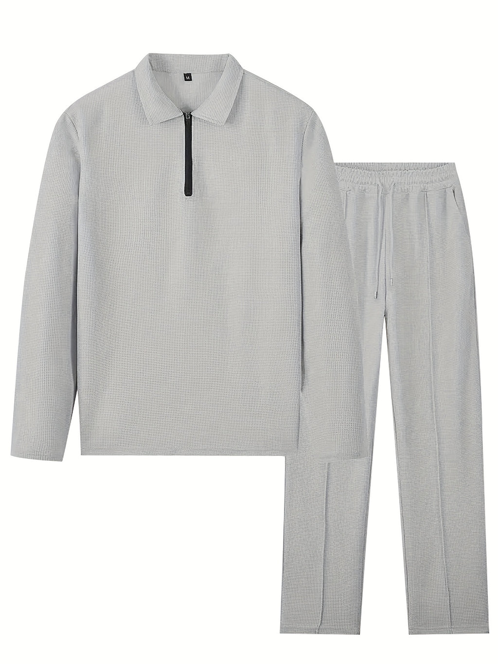 Men's Waffle Long Sleeve Set – 2-Piece Sports & Leisure Tracksuit with Pants, Breathable Polyester Knit, Regular Fit for Spring Autumn Daily Wear, M-XXXL