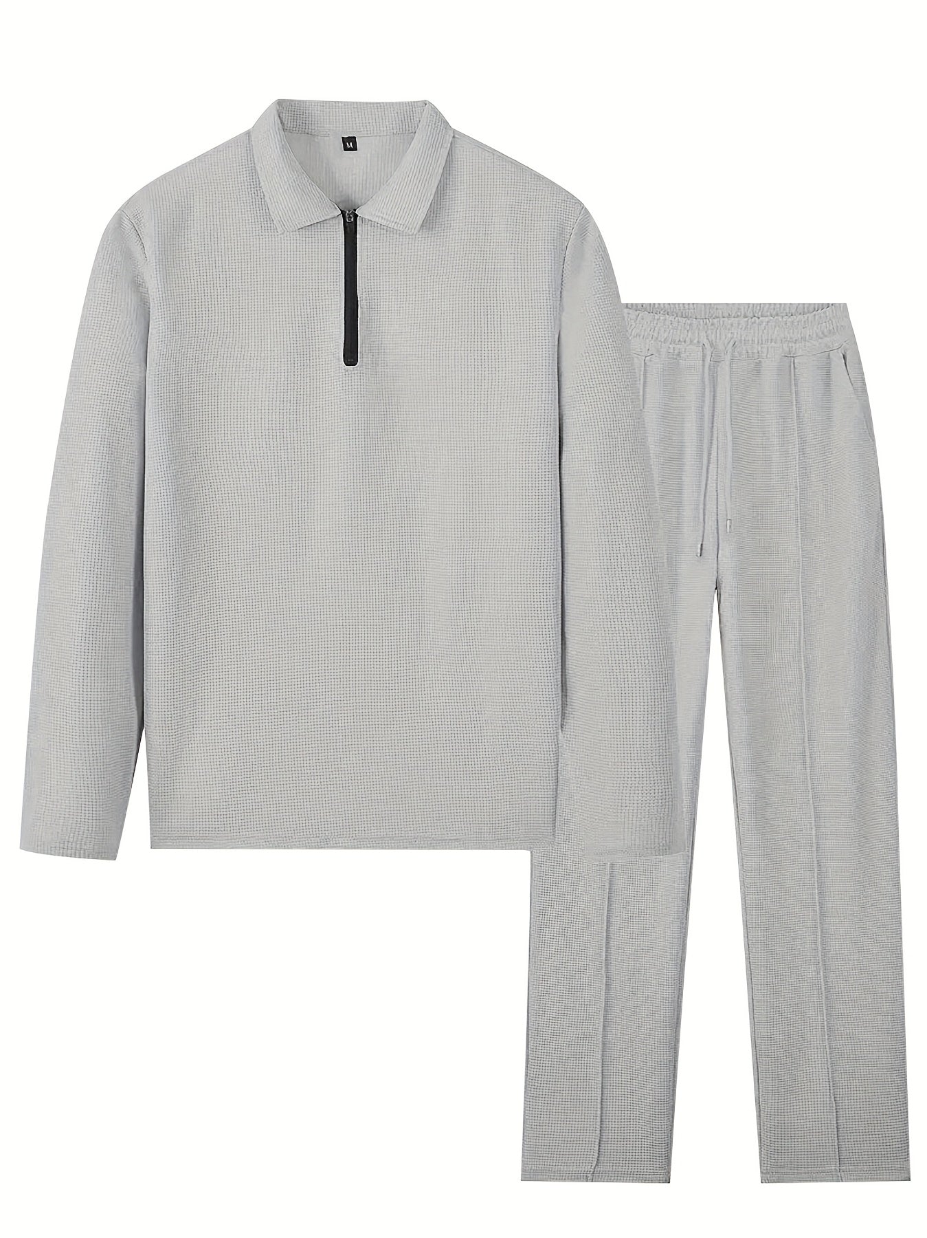 Men's Waffle Long Sleeve Set – 2-Piece Sports & Leisure Tracksuit with Pants, Breathable Polyester Knit, Regular Fit for Spring Autumn Daily Wear, M-XXXL