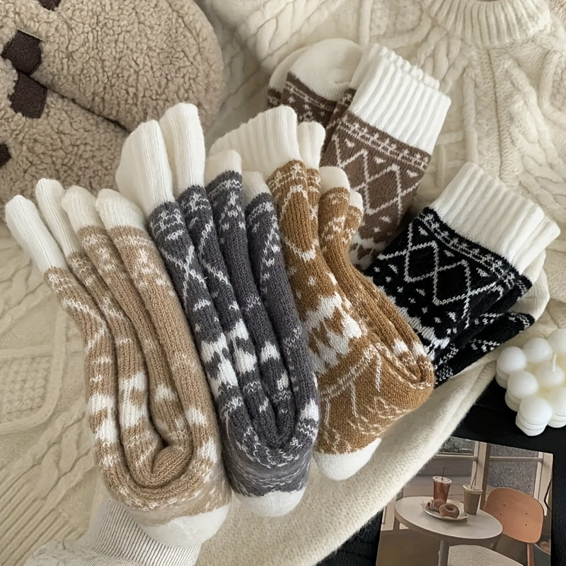 Women's Thermal Winter Socks 5-Pack Warm Fluffy Mid-Calf Cold Weather Socks – Ethnic Rhombus Pattern Cozy Soft Fabric for Outdoor Commuting Home Multi-Color