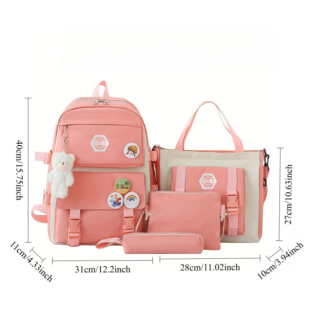 5-Piece School Backpack Set for Girls & Boys – Cute Bookbag with Tote Bag, Pencil Case & Coin Purse, Durable Student Daypack with Zipper Closure & Adjustable Straps for School, Travel & Hiking