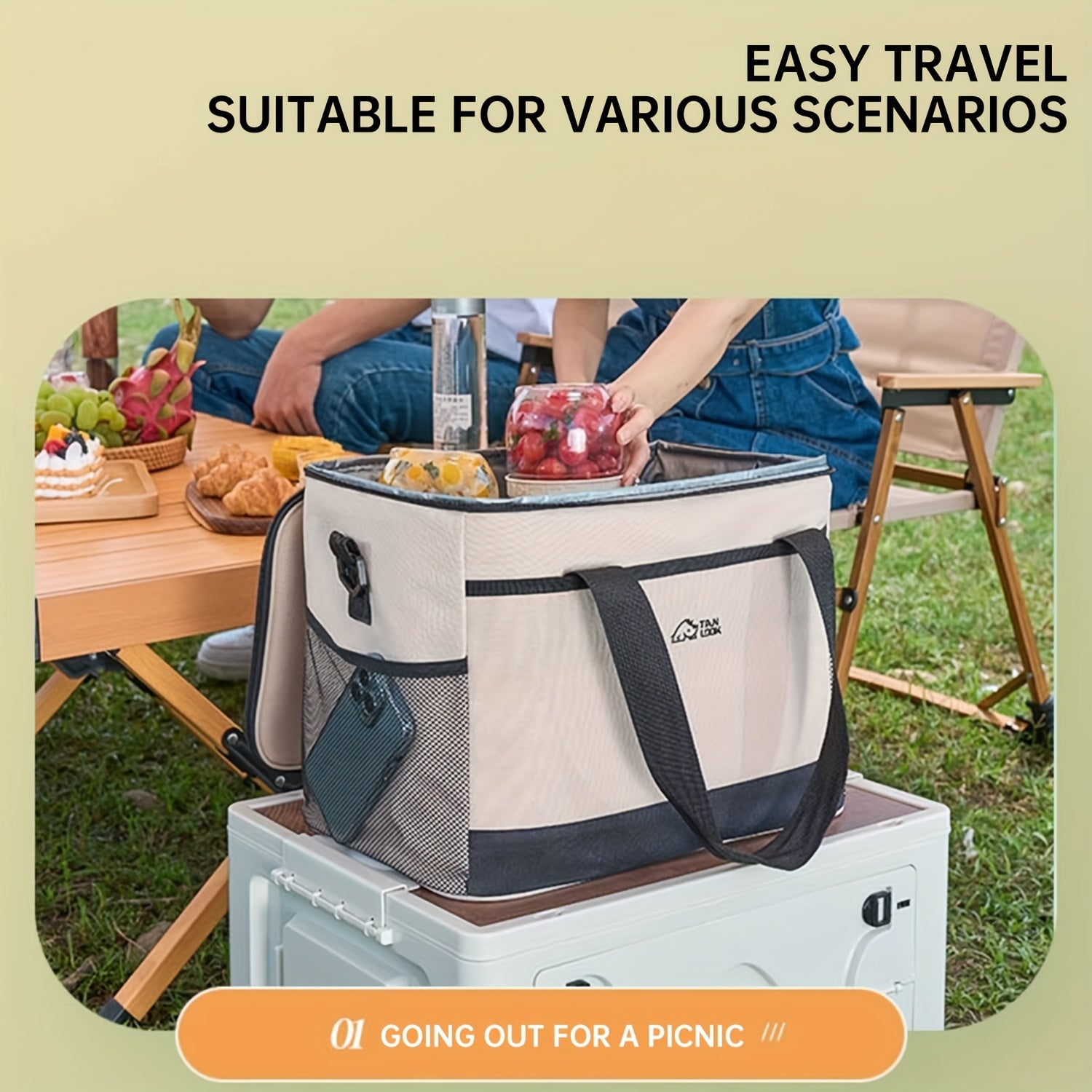 Insulated Cooler Bag Large Capacity Portable Lunch Bag for Camping Hiking Picnic Beach Car Travel Outdoor Food Storage