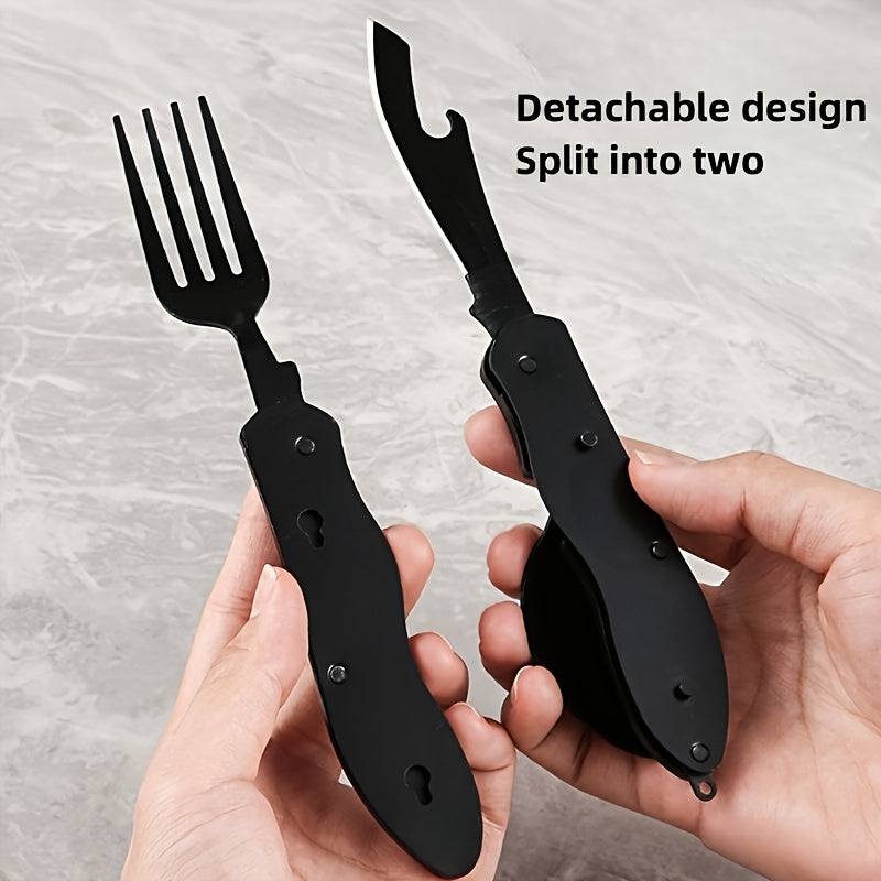 4-in-1 Stainless Steel Camping Utensil Set – Portable Folding Fork Spoon Knife & Bottle Opener for Hiking Survival Travel Backpacking Picnic Outdoor Meals