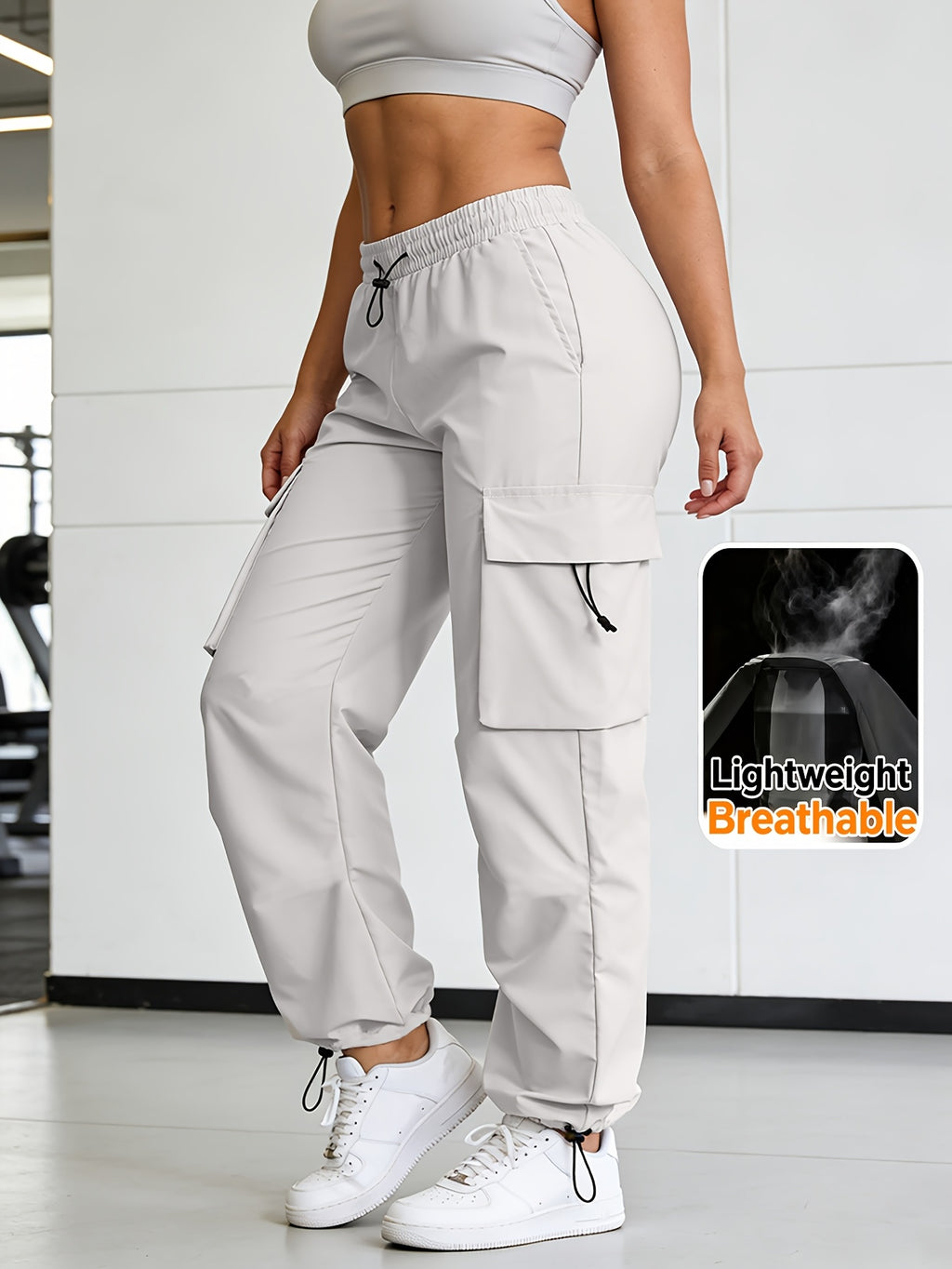 Women's Wide Leg Cargo Pants Elastic Waist Drawstring Multiple Pockets Loose Comfy Casual Trousers for Street Style Hiking Jogging Daily Wear All Season Beige Black Dark Gray Khaki XS-XXL