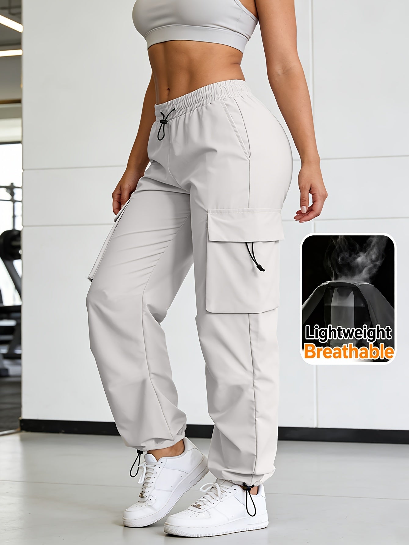Women's Wide Leg Cargo Pants Elastic Waist Drawstring Multiple Pockets Loose Comfy Casual Trousers for Street Style Hiking Jogging Daily Wear All Season Beige Black Dark Gray Khaki XS-XXL