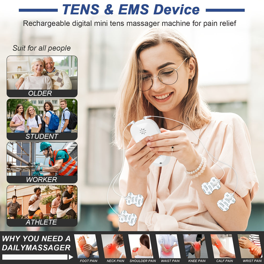 TENS EMS Dual Channel Muscle Relief Pulse Massager - 8 Electrodes, 6 Modes, Pain Relief for Shoulders, Back & Knees, Portable Electric Muscle Stimulator for Recovery & Relaxation