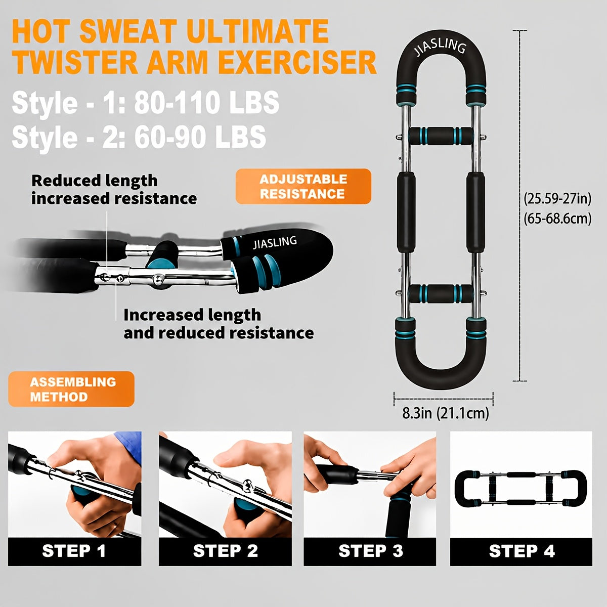 Arm Strength Trainer U-Shape 60-100LBS, Multi-Function Adjustable Forearm Chest Triceps Exerciser with 2-Level Spring Resistance Bands, Portable Home Gym Equipment with Comfortable Grip & Detachable Design