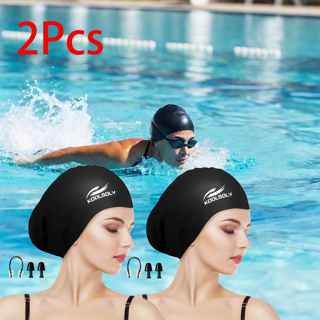 Silicone Swimming Cap 2-Pack with Ear Protection for Long Hair – Includes Earplugs & Nose Clip – Waterproof Swim Cap Set for Women Men Adults Pool Beach Lap Swimming Multiple Color Combos