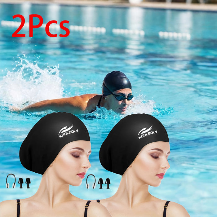 Silicone Swimming Cap 2-Pack with Ear Protection for Long Hair – Includes Earplugs & Nose Clip – Waterproof Swim Cap Set for Women Men Adults Pool Beach Lap Swimming Multiple Color Combos
