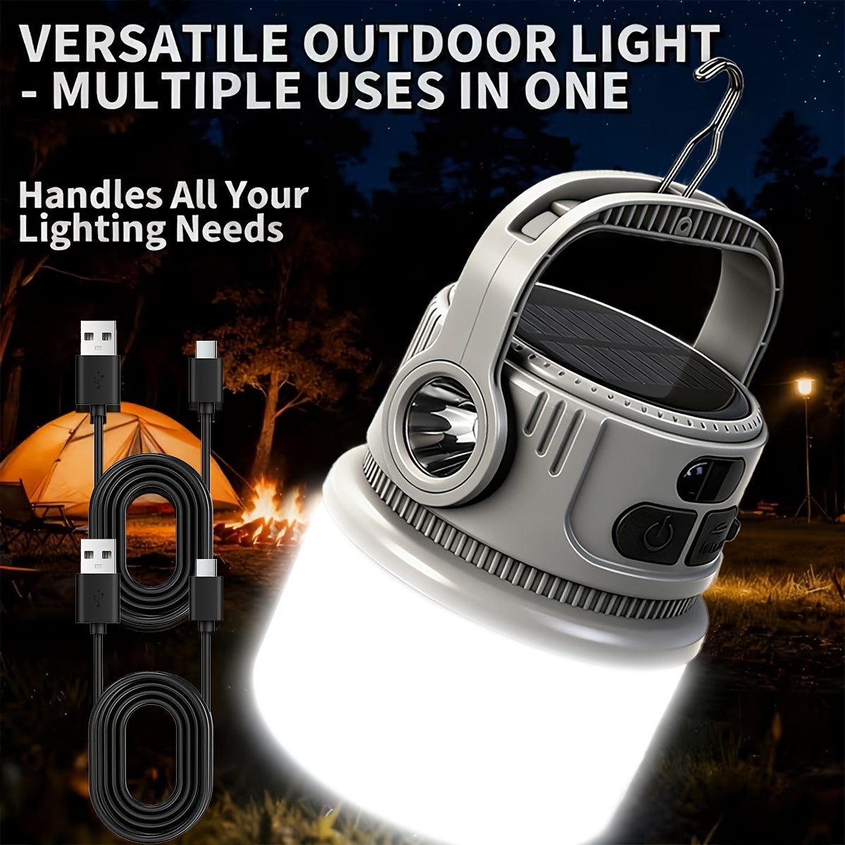 Solar Camping Lantern 6 Modes LED Rechargeable with USB Power Bank, Portable Outdoor Camp Light with Hook SOS Strobe Type-C Charge for Tent Hiking Mountaineering Emergency Preparedness