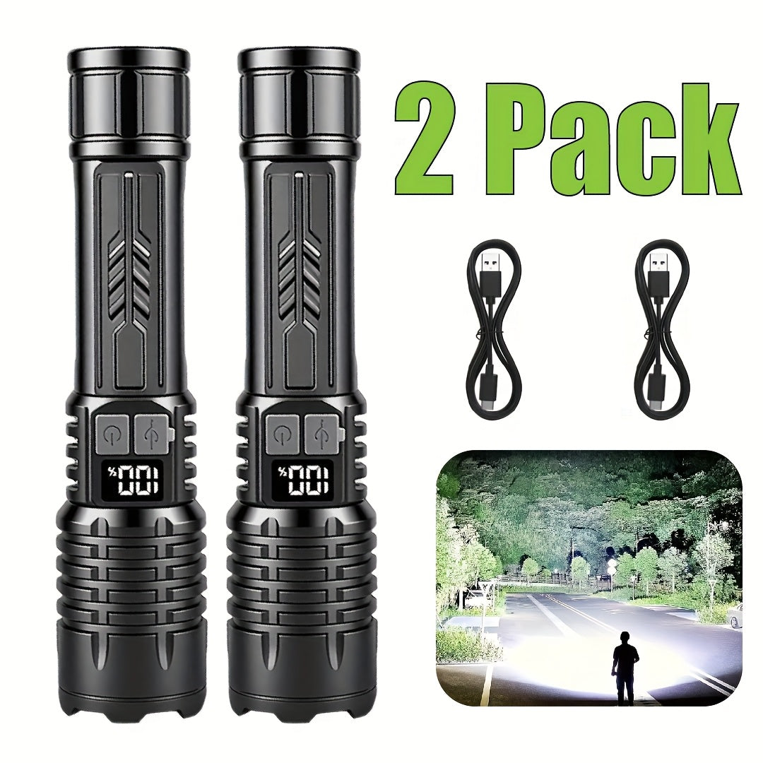 Rechargeable Flashlight Ultra Bright LED Zoomable High Lumens USB Type-C Fast Charging 3 Light Modes Digital Display Tactical Flashlight for Camping Hiking Emergency Hunting 1 2 Pack