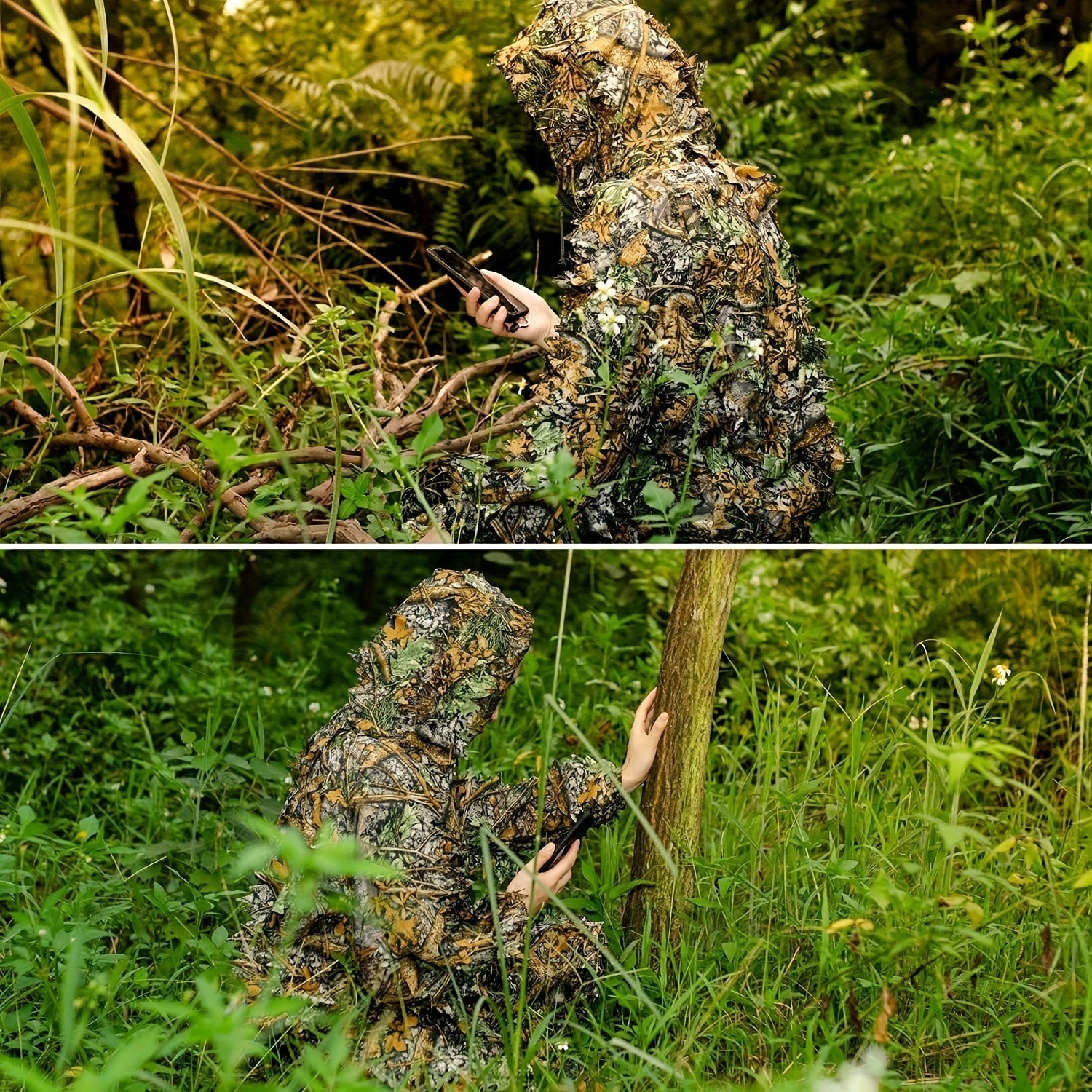 Ghillie Suit 3D Leaf Camouflage Hunting Suit Lightweight Breathable Camo Outfit for Men Hunting Wildlife Photography Outdoor Training Spring Summer Fall Sizes M-XXL