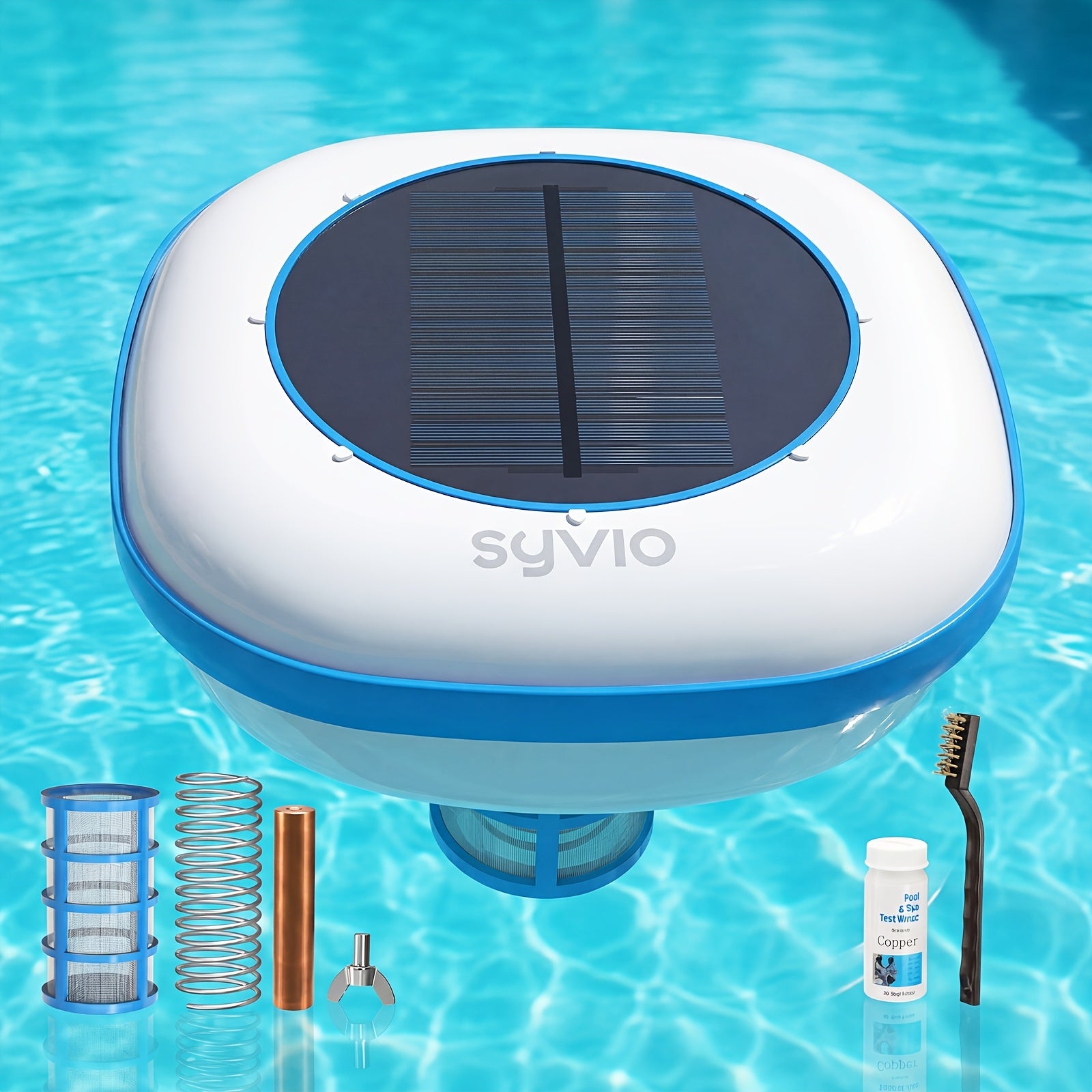 Solar Powered Pool Ionizer - Chemical-Free Floating Water Purifier for Pools Up to 45,000 Gallons - Chlorine Reducer with Brass Parts & Cleaning Brush - Reusable Summer Pool Accessory