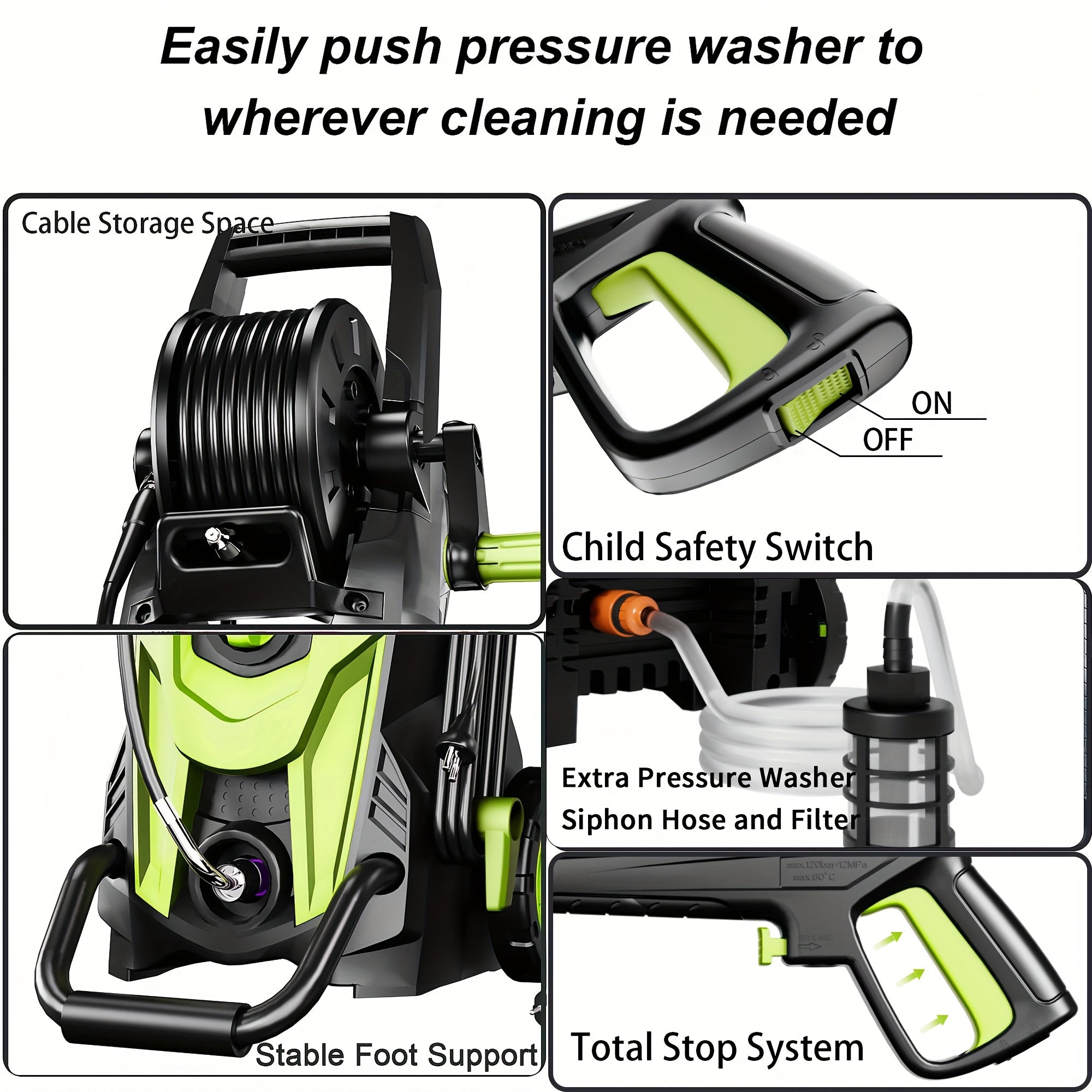 Electric Pressure Washer 4500PSI – 4 Quick-Connect Nozzles, Foam Cannon, Inlet Hose & Filter for Car Washing, Fence, Patio, Driveway & Home Cleaning, 3 Colors