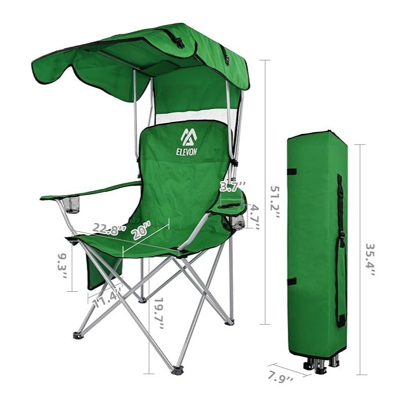 Folding Camping Chair with Canopy Sunshade Portable Beach Chair – 225 lbs Support Wide Seat Cup Holder Carrying Bag for Outdoor Lawn