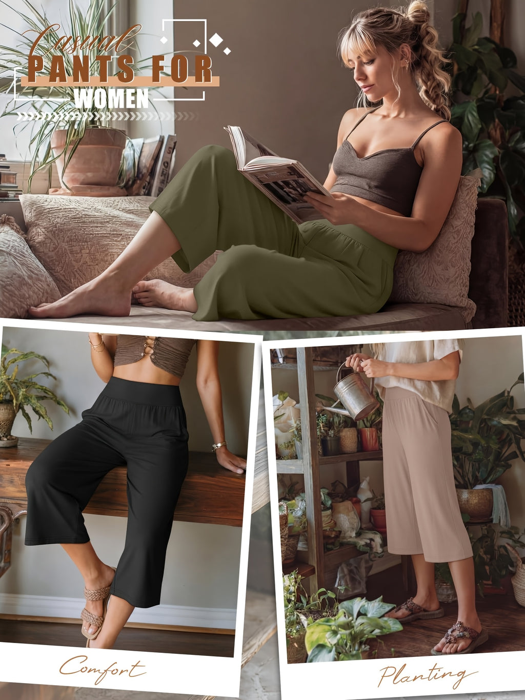 Women's Capri Pants 3 Pack Loose Lounge Joggers Yoga Cropped Sweatpants with Pockets – Elastic Waist Casual Spring Summer Fall