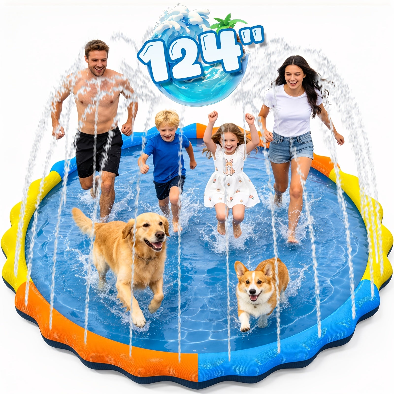 Splash Pad for Kids & Dogs Extra Large Non-Slip Outdoor Water Sprinkler Mat - 90.5" or 124" Thickened PVC Backyard Water Toy for Toddlers, Children & Pets Summer Backyard Fun