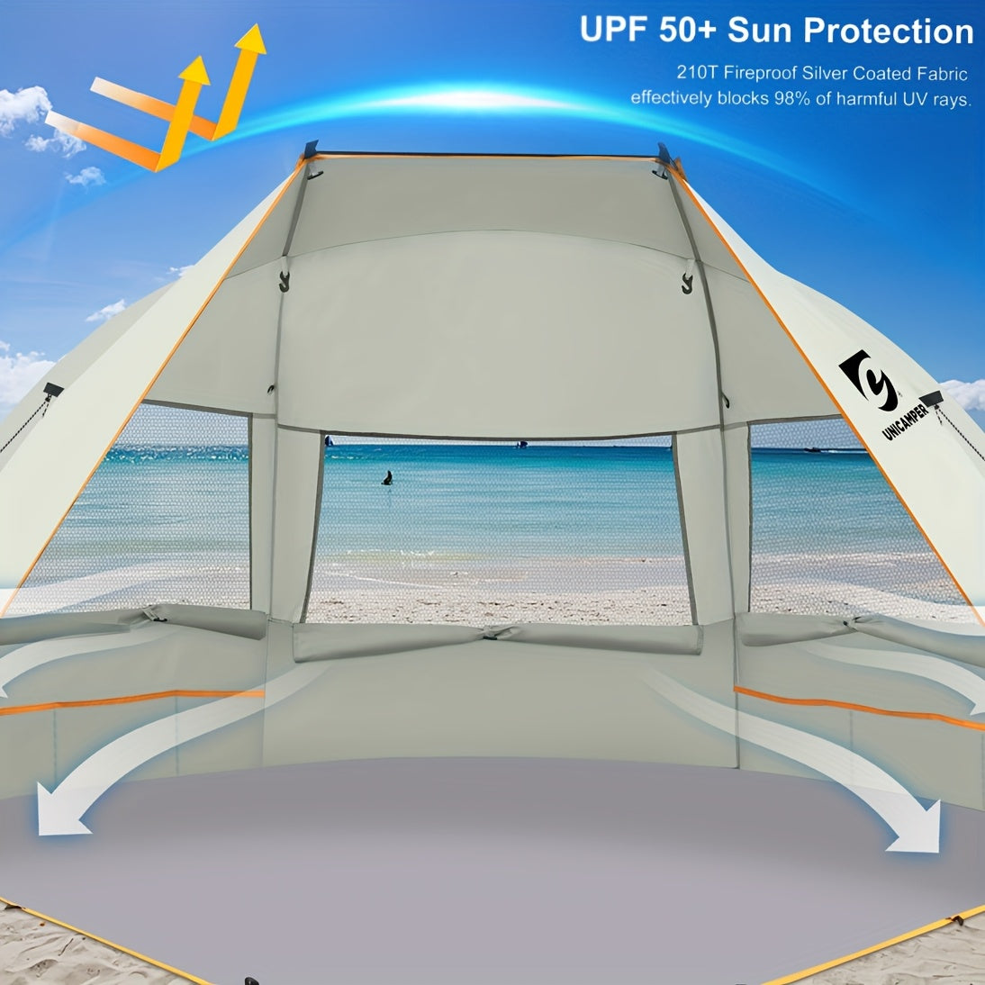 Beach Tent 3 Person UPF 50+ Sun Shelter with Waterproof PE Floor & Mesh Windows – Portable Pop Up Shade Canopy for Camping Fishing Yard